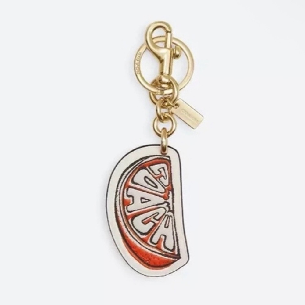 Coach Orange Bag Charm Keychain in Gold/Chalk Multi White Smooth Leather NWT